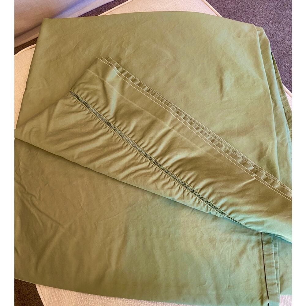 Ralph Lauren Queen Flat Sheet Mesh Inset Olive Pea Supima Sateen Cotton *READ*